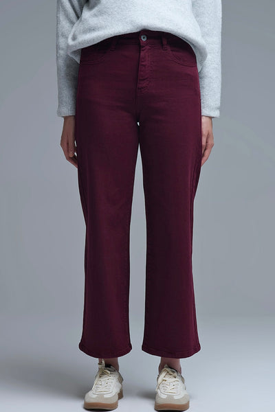 The Q2 Cropped Wide Leg Jeans- Burgundy