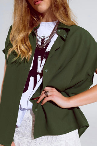 The Q2 Button Up Polo Blouse- Khaki