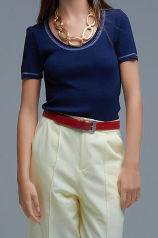 The Q2 Short Sleeve Sweater with Silver Seams- Navy