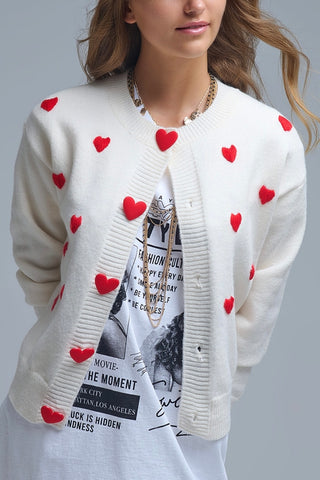 The Q2 Cozy Cardigan with Red Hearts- Red