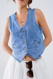 The Q2 Denim Vest with Button Placket- Blue