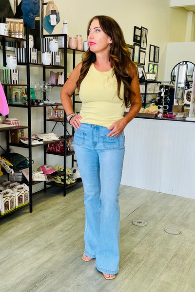 Q2 Skinny Light Wash Flare Jeans With Front Pockets- Blue