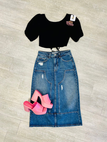 Q2 Paneled Maxi Denim Pencil Skirt - Blue