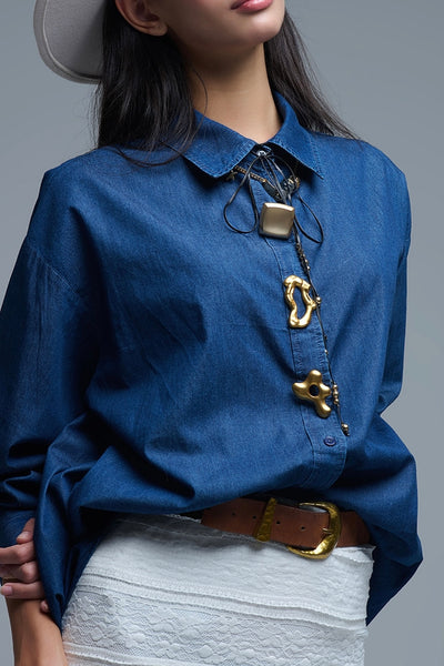 The Q2 Relaxed Denim Shirt with Gold Buttons- Blue