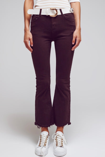 The Q2 High Rise Raw Hem Flared Jeans- Dark Brown