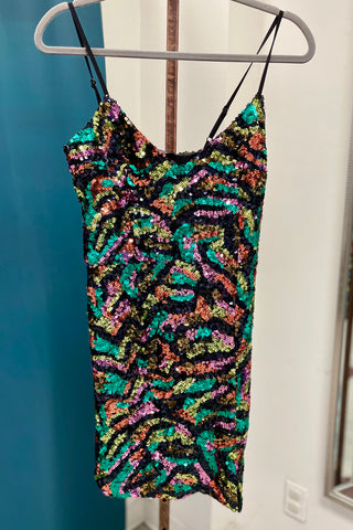 French Connection Evia Sequined Mini Cocktail Dress - Lizard Green Black