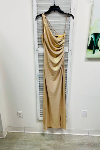 City Studio Metallic One Shoulder Evening Gown - Gold