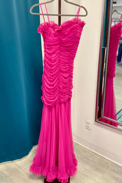 Blondie Nites Ruched Ruffled Net Evening Gown - Hot Pink