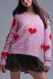 The Q2 V-neck Sweater with Red Hearts- Pink