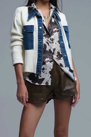 Q2 Kitted Cardigan with Denim Details- Cream