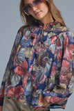 The Q2 Boho-Chic Printed Ruffle Blouse with Metallic Palm Print-Navy