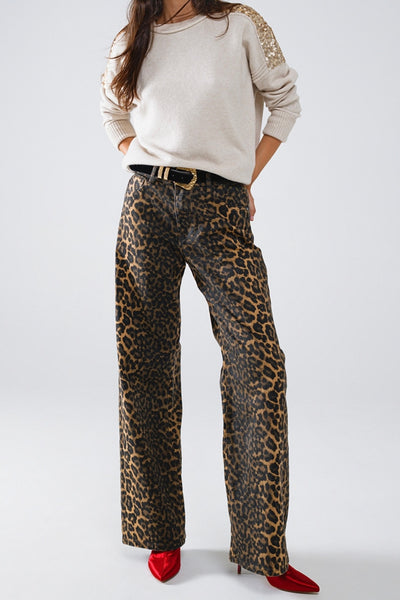 The Q2 Leopard Print Straight Leg Pants- Brown