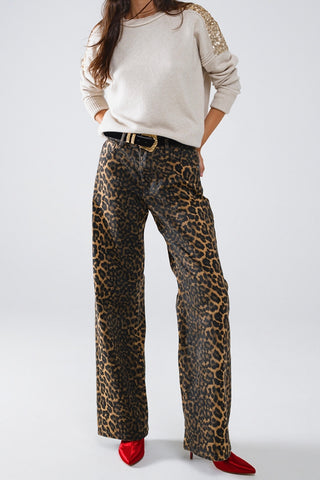 The Q2 Leopard Print Straight Leg Pants- Brown