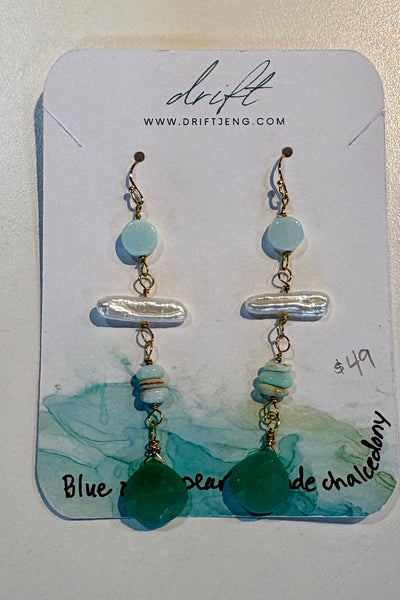 Drift by JenG Earrings: Blue Opal, Pearl, & Jade Chalcedony