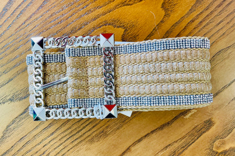 The Q2 Woven Belt with Silver Square Buckle & Rhinestones - Cream