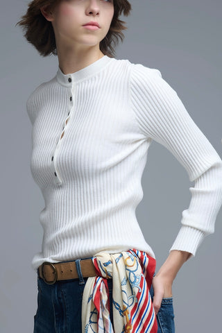 The Q2 Henley Long Sleeve Ribbed Sweater- Cream