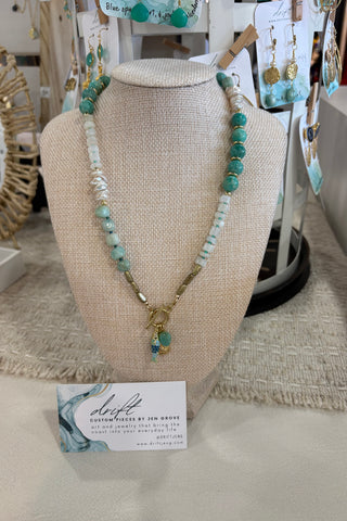 Drift by JenG Necklace: Moonstone/Amazonite/Chrysoprase/Pearl 19”