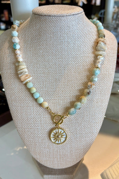 Drift by JenG Necklace: Amazonite/Pearl/Sunstone/Aquamarine 19”