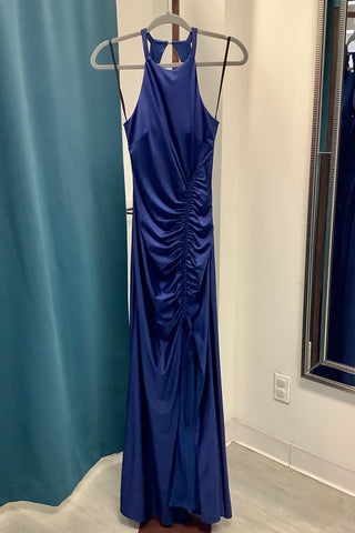 Aqua Ruched Halter Evening Gown - Ink