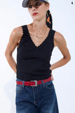 Q2 Knit V-Neck Tank Top with Scalloped Edges