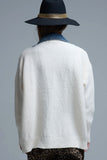 Q2 Waffle Knit Cardigan Sweater with Denim Inside- Cream