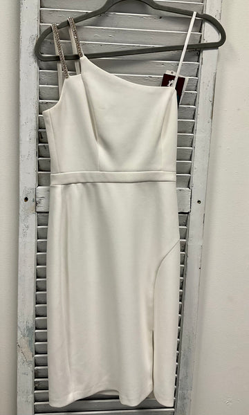 FINAL SALE:  Aqua Rhinestone Embellished One Shoulder Cocktail Dress - Ivory