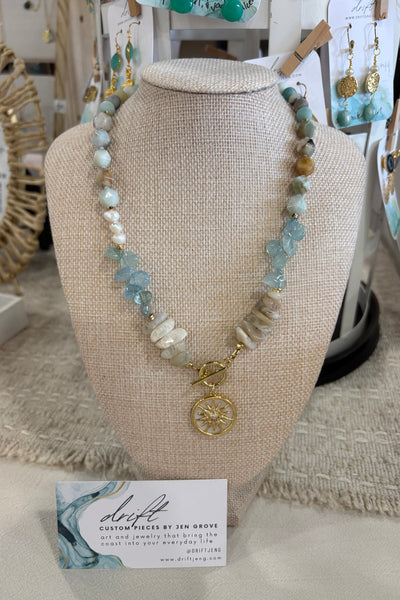 Drift by JenG Necklace: Amazonite/Pearl/Sunstone/Aquamarine 18”