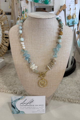 Drift by JenG Necklace: Amazonite/Pearl/Sunstone/Aquamarine 18”