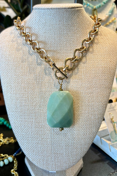 Drift by JenG Necklace: Amazonite Stone on Brushed Gold Plate Chain