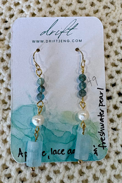 Drift by JenG Earrings: Apatite, Lace Agate, Freshwater Pearl