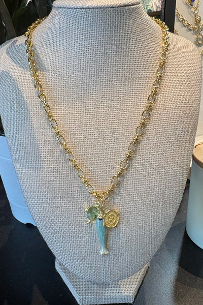 Drift by JenG Necklace: 14kt Gold Fill Enamel Fish Green Amethyst