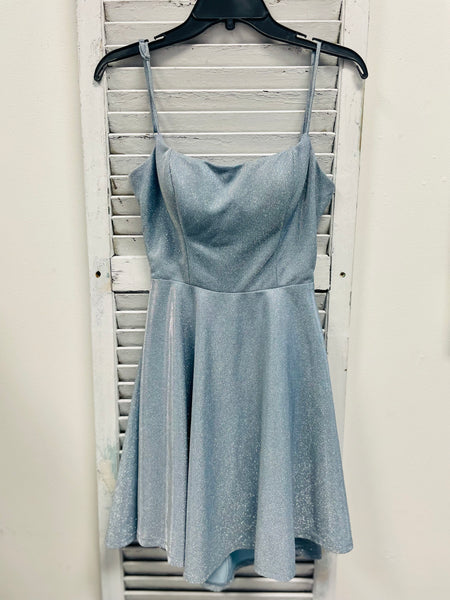B. Darlin Glitter Open Back Fit & Flare Party Dress - Light Blue/ Silver