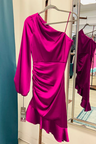 Liv Foster Emily Satin Asymmetrical One Shoulder Dress - Wine Berry