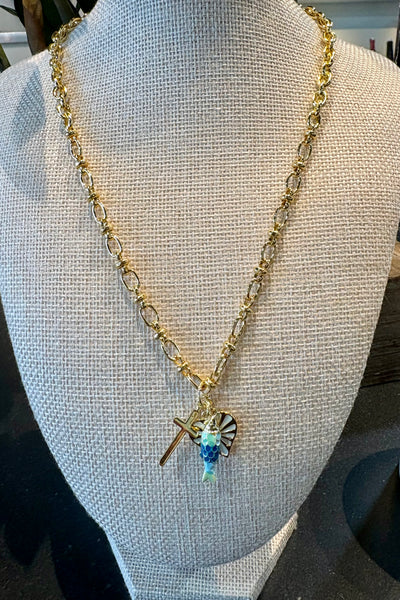 Drift by JenG Necklace: 14kt Gold Fill Enamel Fish Cross