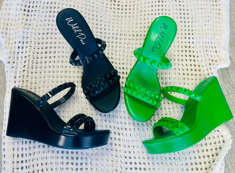 FINAL SALE:  Wild Pair Cortezz Studded Wedge Sandals  - Black or Green
