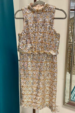 Eliza J Metallic Sequin Blouson Halter Neck Party Cocktail Dress - Silver/Gold
