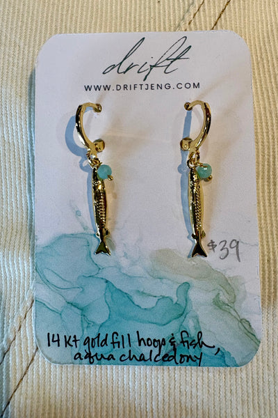 Drift by JenG Earrings: 14Kt Gold Fill Hoop & Fish, Aqua Chalcedony