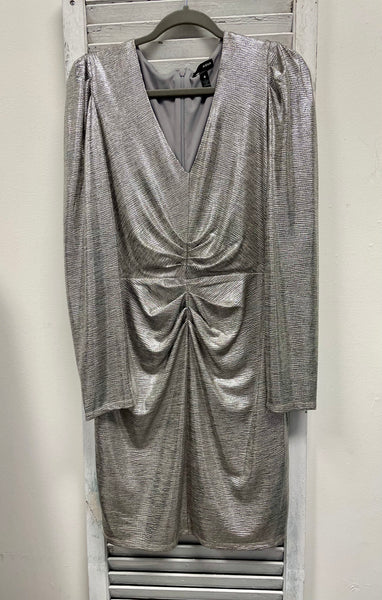 Aqua Metallic Long Sleeved Cocktail Dress - Silver