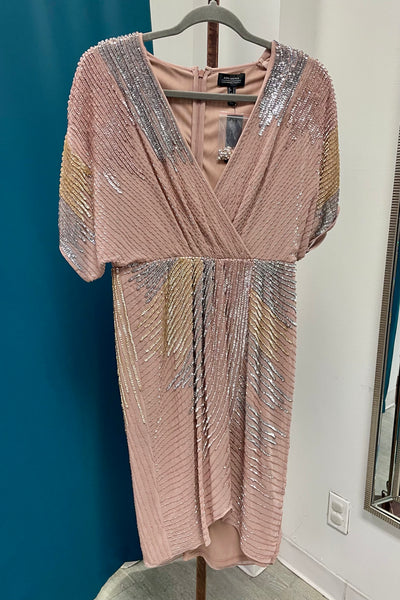 Adrianna Papell Beaded Dolman Sleeve Faux Wrap Party Cocktail Dress - Rose Gold