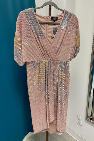 Adrianna Papell Beaded Dolman Sleeve Faux Wrap Party Cocktail Dress - Rose Gold