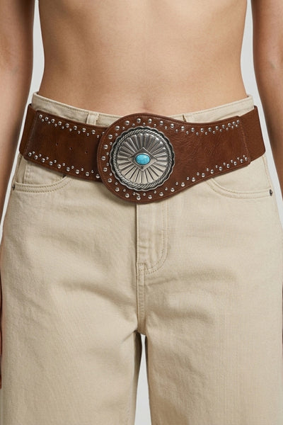 Q2 Silver Studded Turquoise Buckle Wide Belt