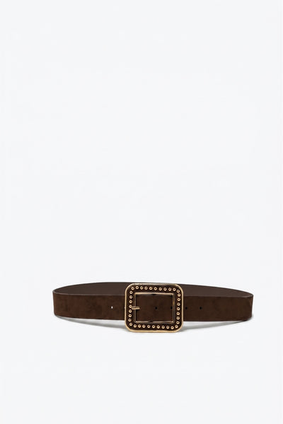 Q2 Brown Suede Gold Studded Square Buckle