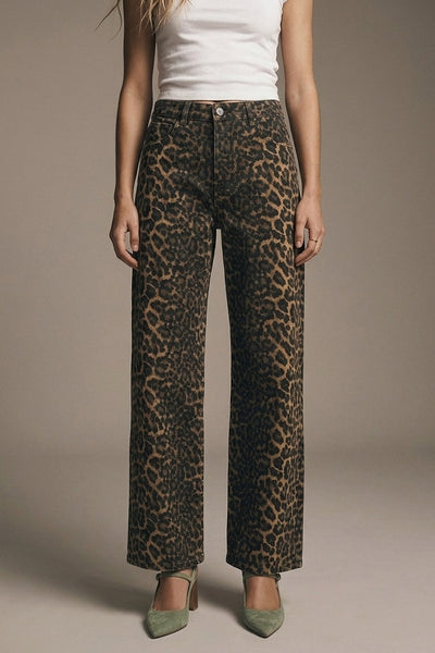 The Q2 Leopard Print Straight Leg Pants- Brown