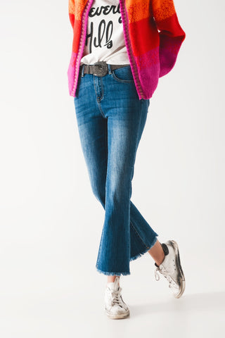 The Q2 Flared Skinny Jeans with Raw Edge - Mid Wash