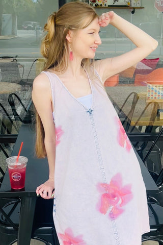 Mystree Floral Printed Denim Shift Dress - Rose Haze