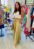 Flowy High-waisted Wide-leg Woven Pants - Olive
