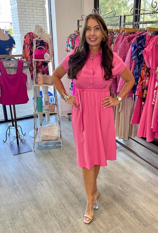 Hot Pink Tying Sash Woven Shirt Dress