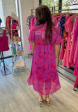 The Q2 Short Sleeve V-neck Chiffon Maxi Dress in Floral  -  Fuchsia