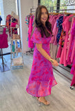 The Q2 Short Sleeve V-neck Chiffon Maxi Dress in Floral  -  Fuchsia