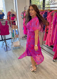 The Q2 Short Sleeve V-neck Chiffon Maxi Dress in Floral  -  Fuchsia